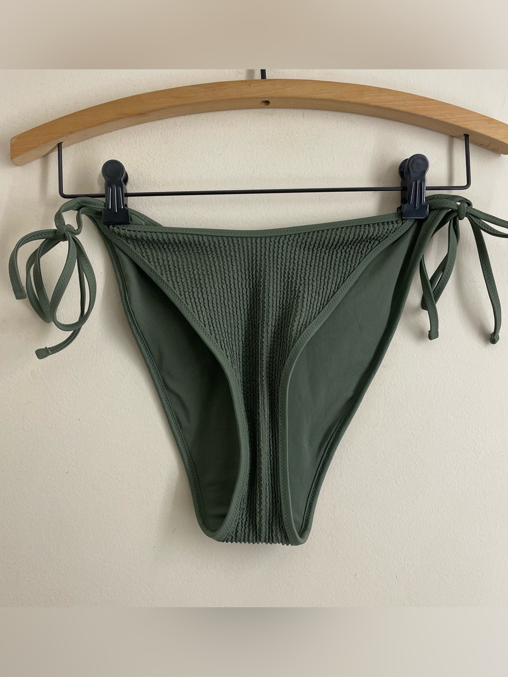 Aerie Cheekiest Tie Side Bikini Bottom size L Sage Olive Green Textured Swim